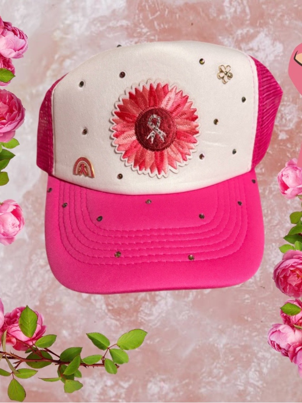 Breast Cancer Pink and White Floral Patch Trucker Hat